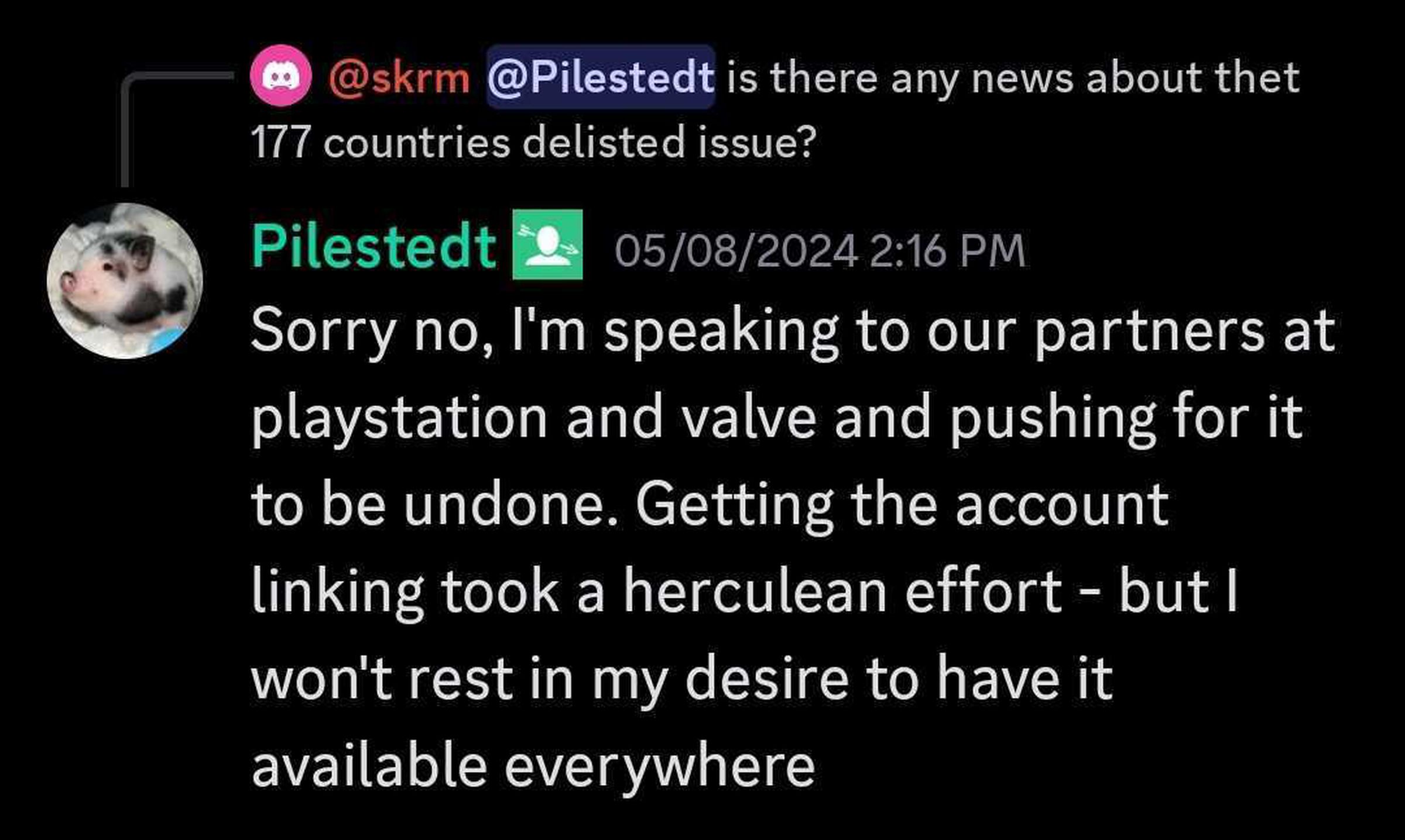 A screenshot showing Johan Pilestedt stating he’s trying to get Helldivers 2 relisted in restricted countries.