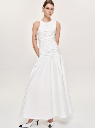 Drop Waist Ruched Dress, Off White