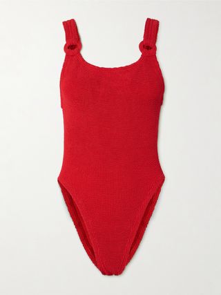 Domino Embellished Seersucker Swimsuit