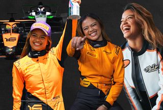 A collage of photos of Bianca Bustamante in her McLaren racing suit on the podium at the Miami Grand Prix and in a McLaren x Reiss jacket.