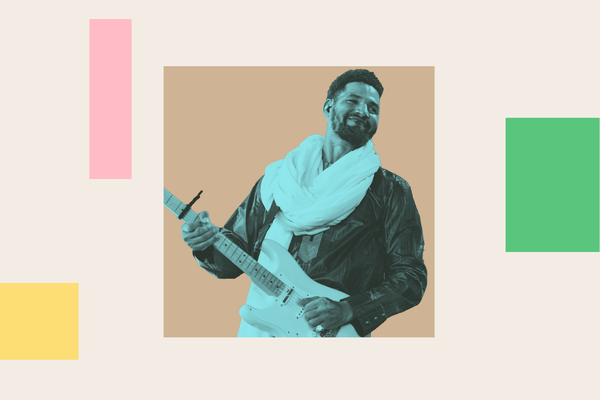 A photo illustration with a blue-toned photo of Mdou Moctar holding a guitar overlaid on a brown box. There are yellow, green and pink rectangles around it, all over a beige background. 