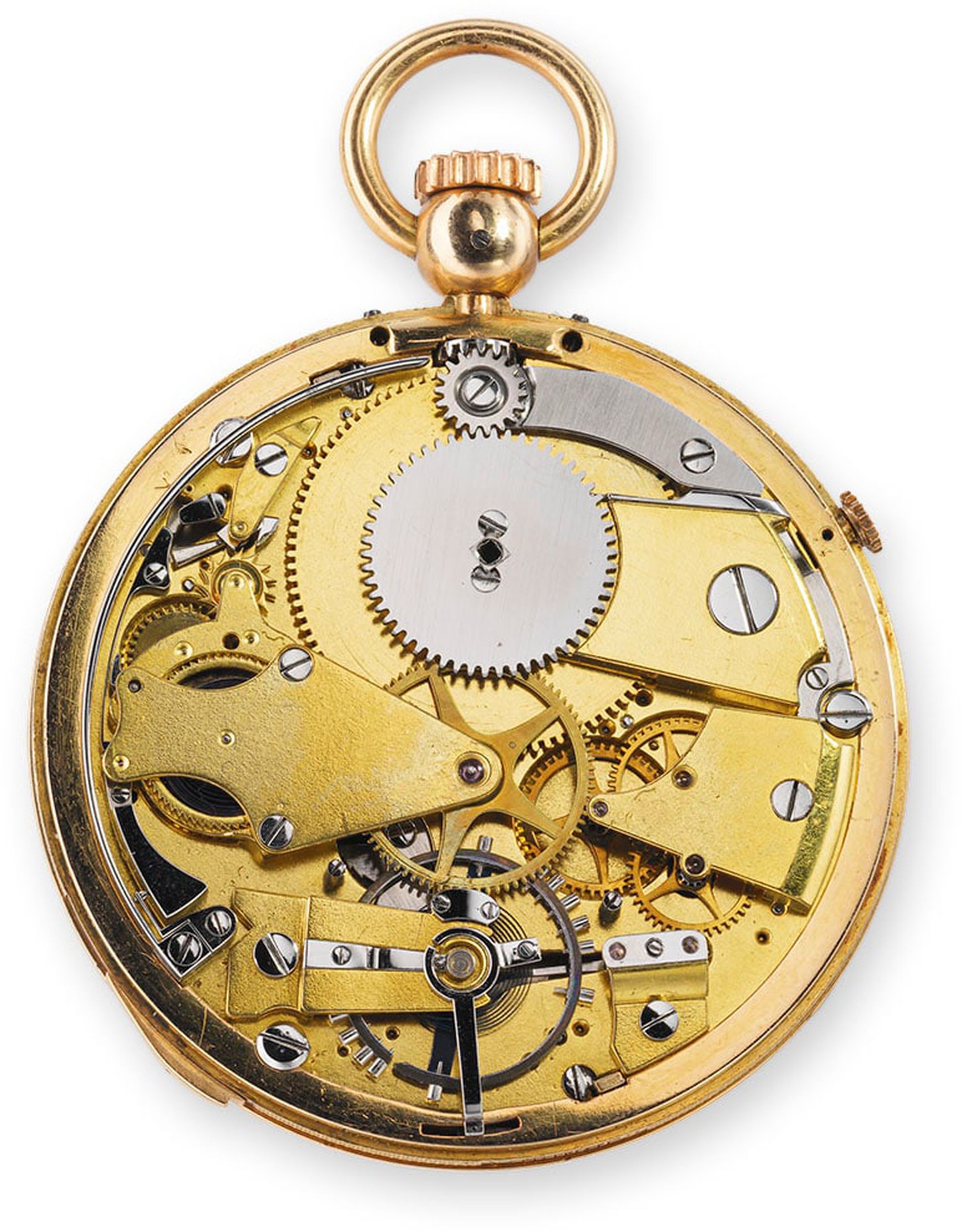 Close-up of the inside of one of the first pocket watches to have a crown