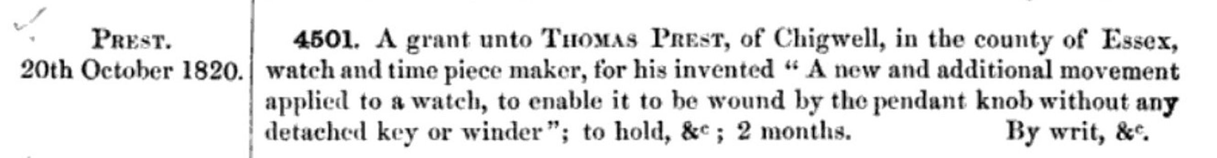 An 1820 patent: “A new and additional movement applied to a watch, to enable it to be wound by the pendant knob.”