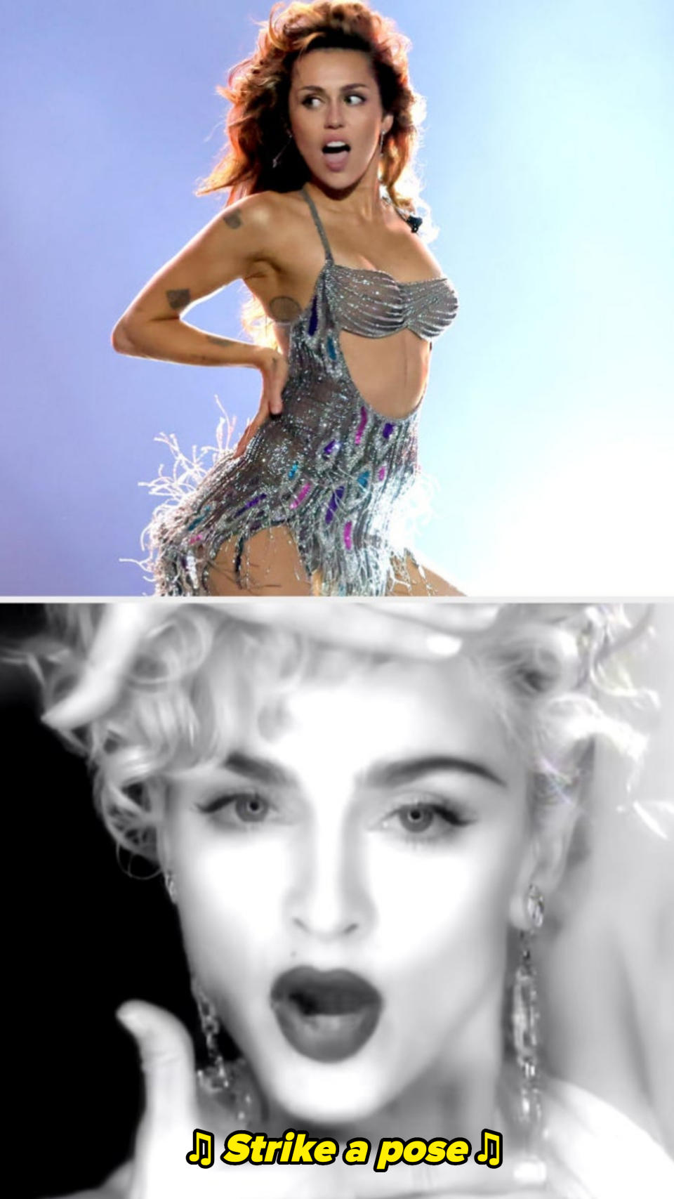 Miley Cyrus at the 2024 Grammys / Madonna in her "Vogue" music video