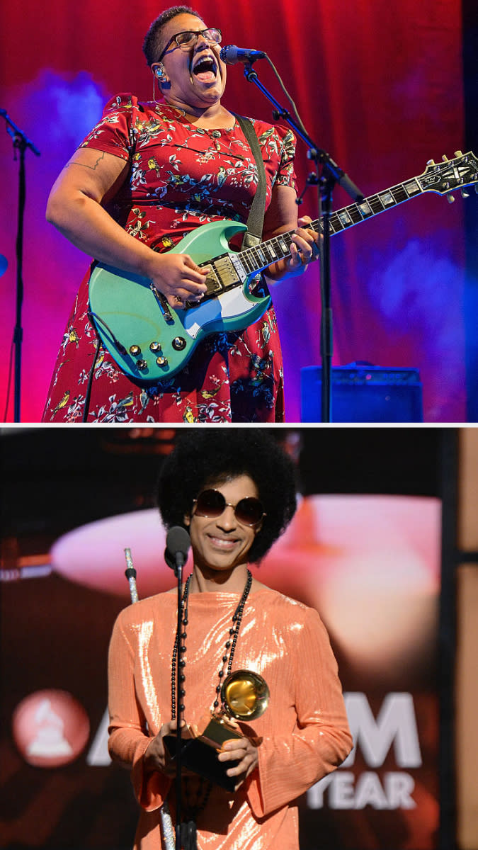 Brittany Howard performing in 2015; Prince at the Grammys in 2015