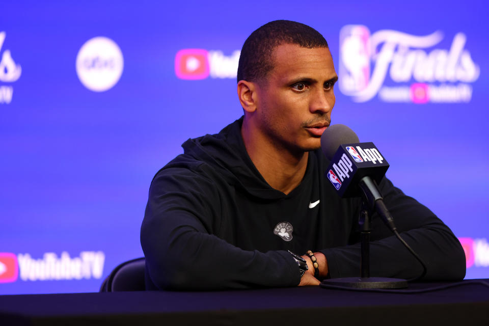 BOSTON, MASSACHUSETTS - JUNE 05: Boston Celtics head coach Joe Mazzulla speaks to the media during the 2024 NBA Finals Media Day at TD Garden on June 05, 2024 in Boston, Massachusetts.  (Photo by Maddie Meyer/Getty Images)