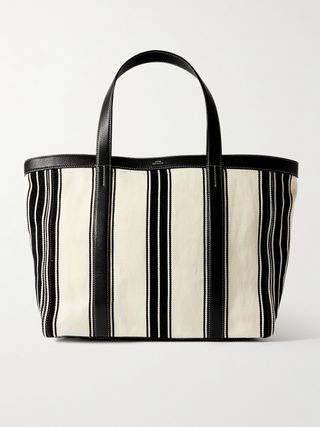 Large Leather-Trimmed Striped Canvas Tote