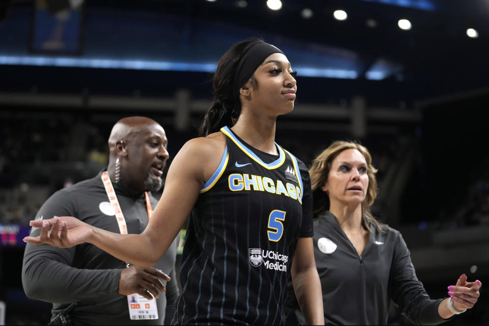  Angel Reese walks off the floor after being ejected from Tuesday's Sky-Liberty game. (AP Photo/Charles Rex Arbogast)