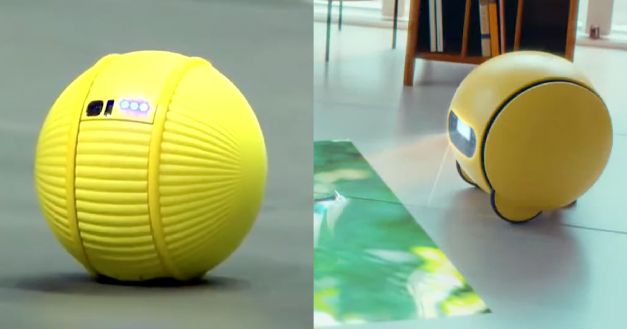 Left: Ballie is more of a ball, with a small set of lights and holes for sensors. Right: Ballie, still round, but with wheels on the bottom, and a rounded rectangle “eye” that holds a projector.