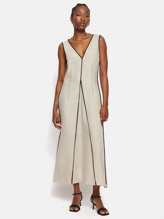 Linen Sleeveless Piped Dress | Cream