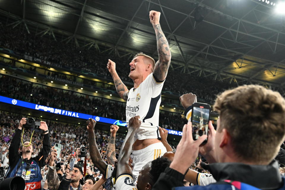 LONDON, ENGLAND - JUNE 01: Kroos of Real Madrid celebrates victory after the UEFA Champions League 2023/24 Final match between Borussia Dortmund and Real Madrid CF at Wembley Stadium on June 01, 2024 in London, England. Real Madrid's German midfielder Toni Kroos retired after this summer's European Championship largely known as the UEFA EURO 2024. (Photo by Mustafa Yalcin/Anadolu via Getty Images)