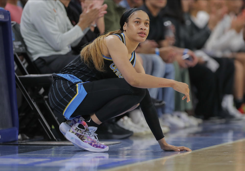 CHICAGO, IL - JUNE 04: Chennedy Carter #7 of the Chicago Sky waits to check into the game during the first half against the New York Liberty on June 4, 2024 at Wintrust Arena in Chicago, Illinois. (Photo by Melissa Tamez/ Icon Sportswire)