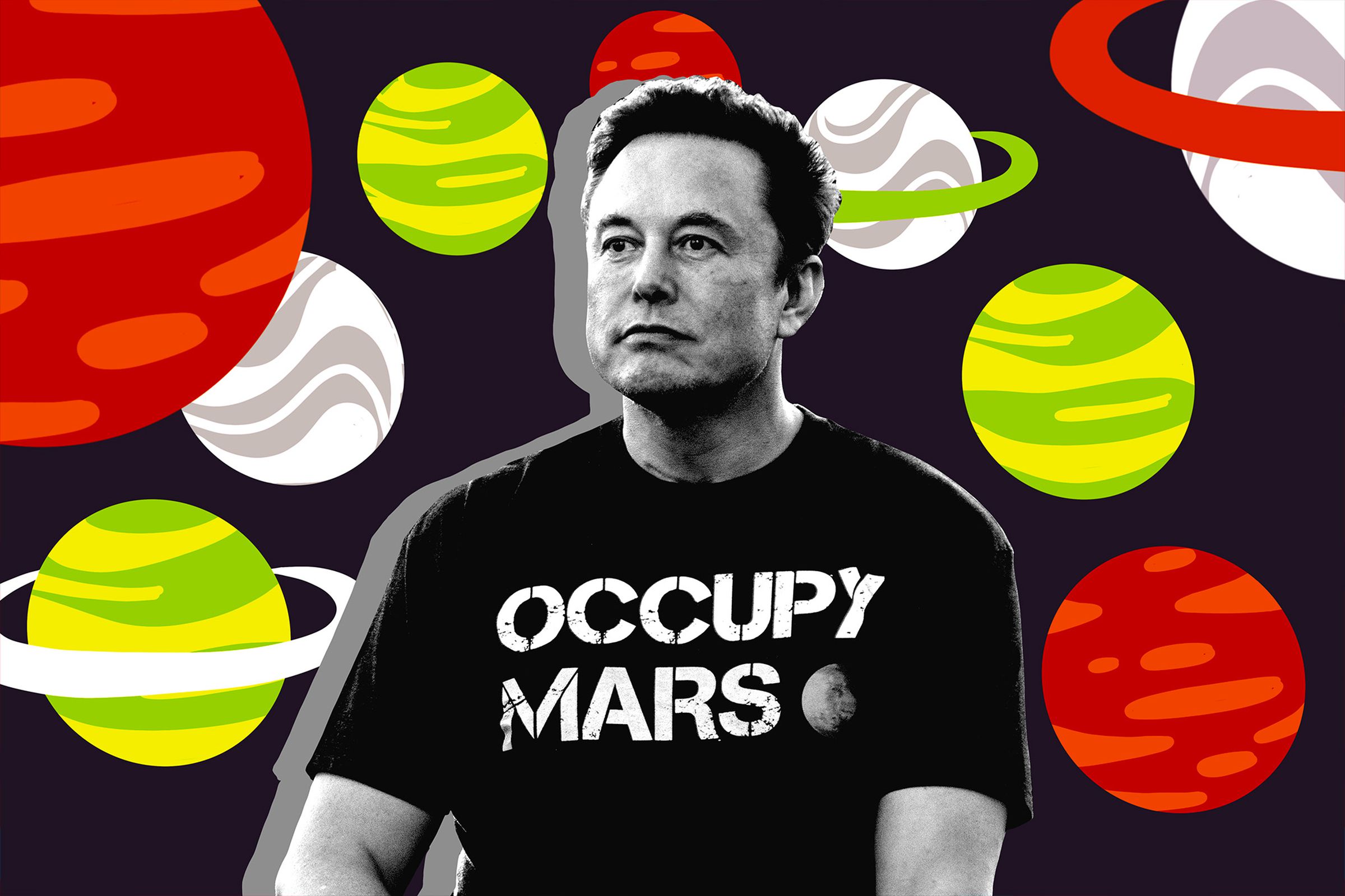 An image showing Elon Musk with illustrations of planets behind him