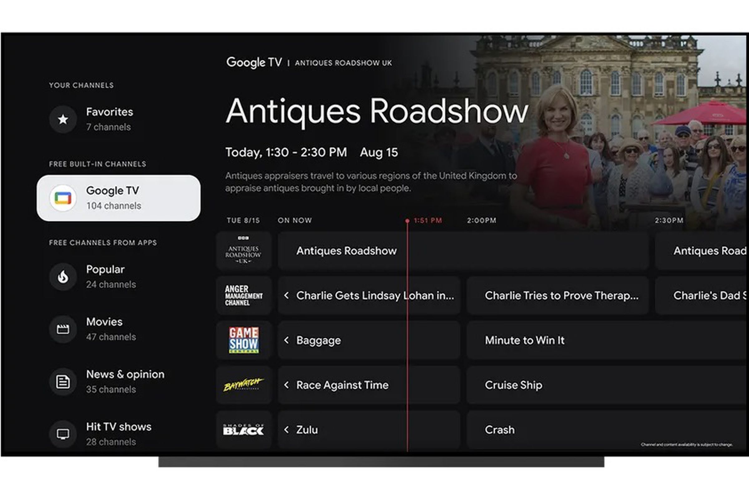 Google TV interface showing a preview of Antiques Roadshow