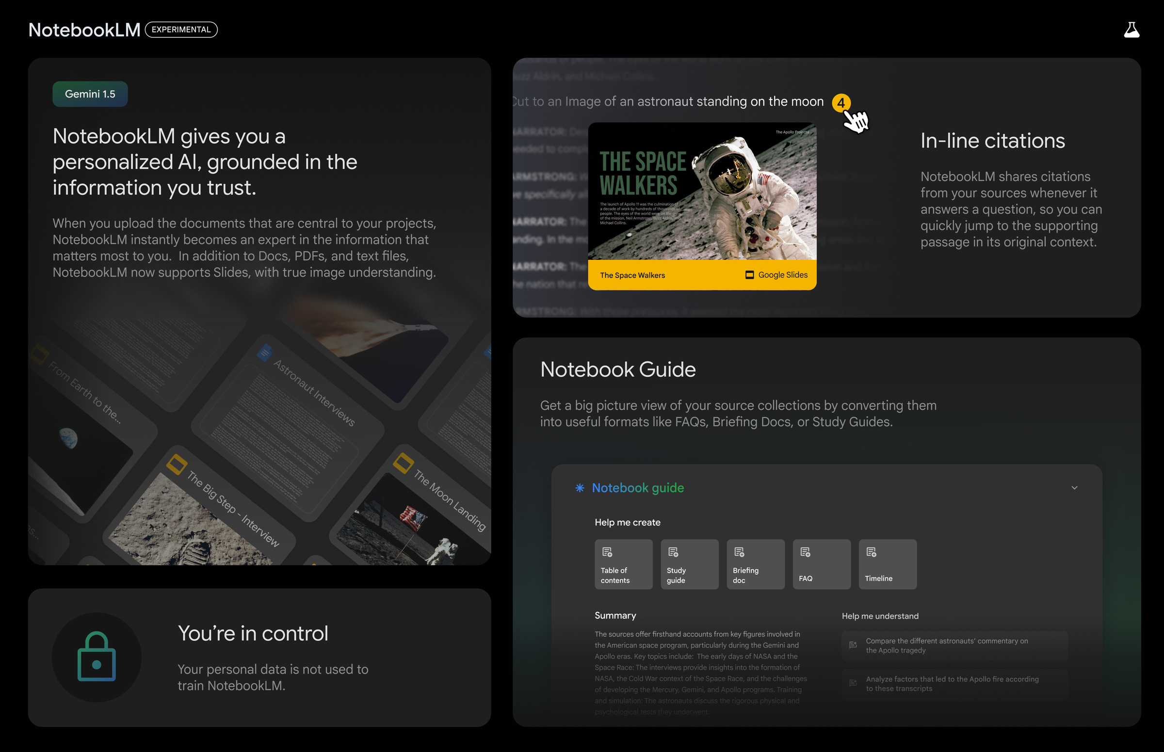 Bento box shot of the new features in NotebookLM.