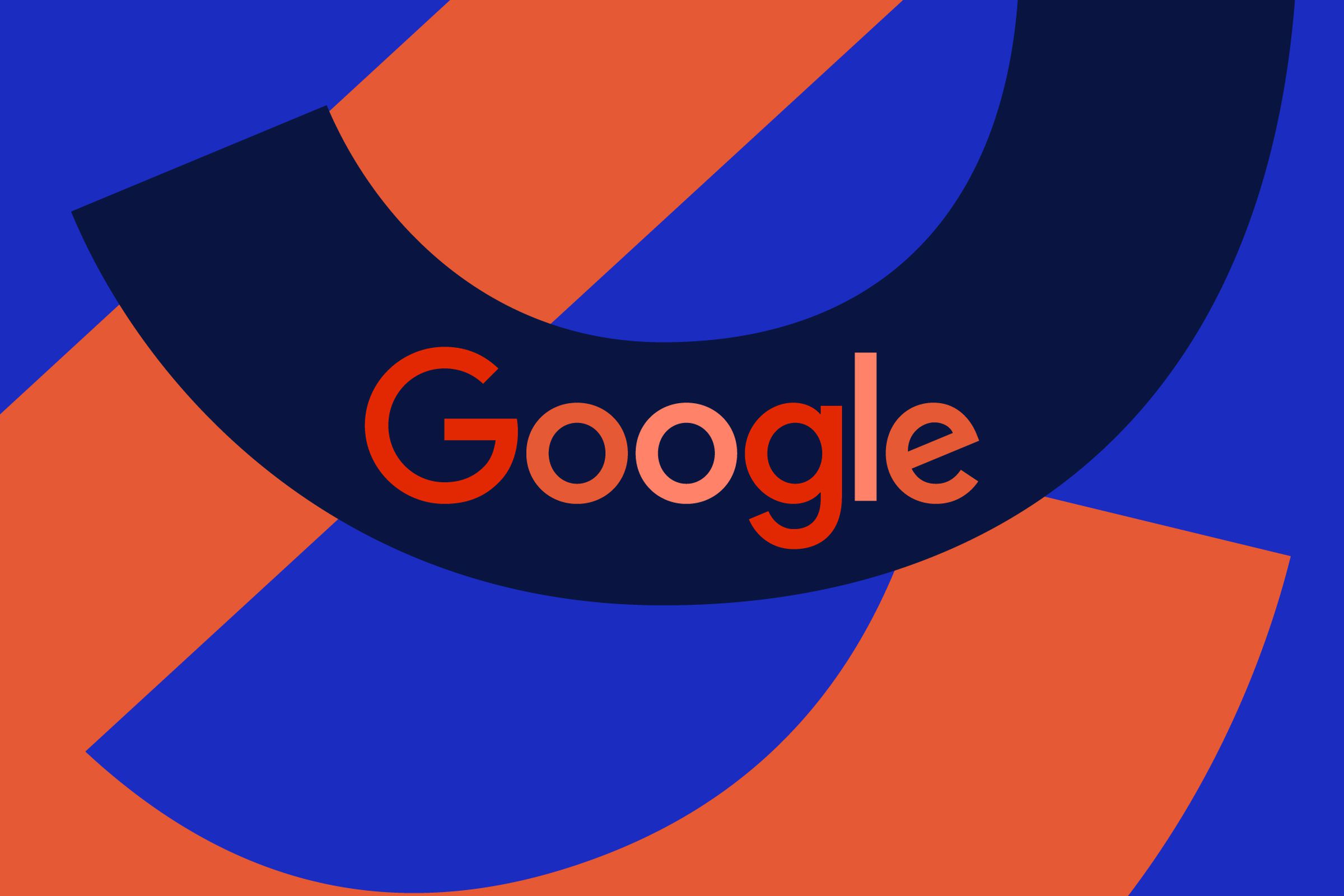 Illustration of Google’s wordmark, written in red and pink on a dark blue background.