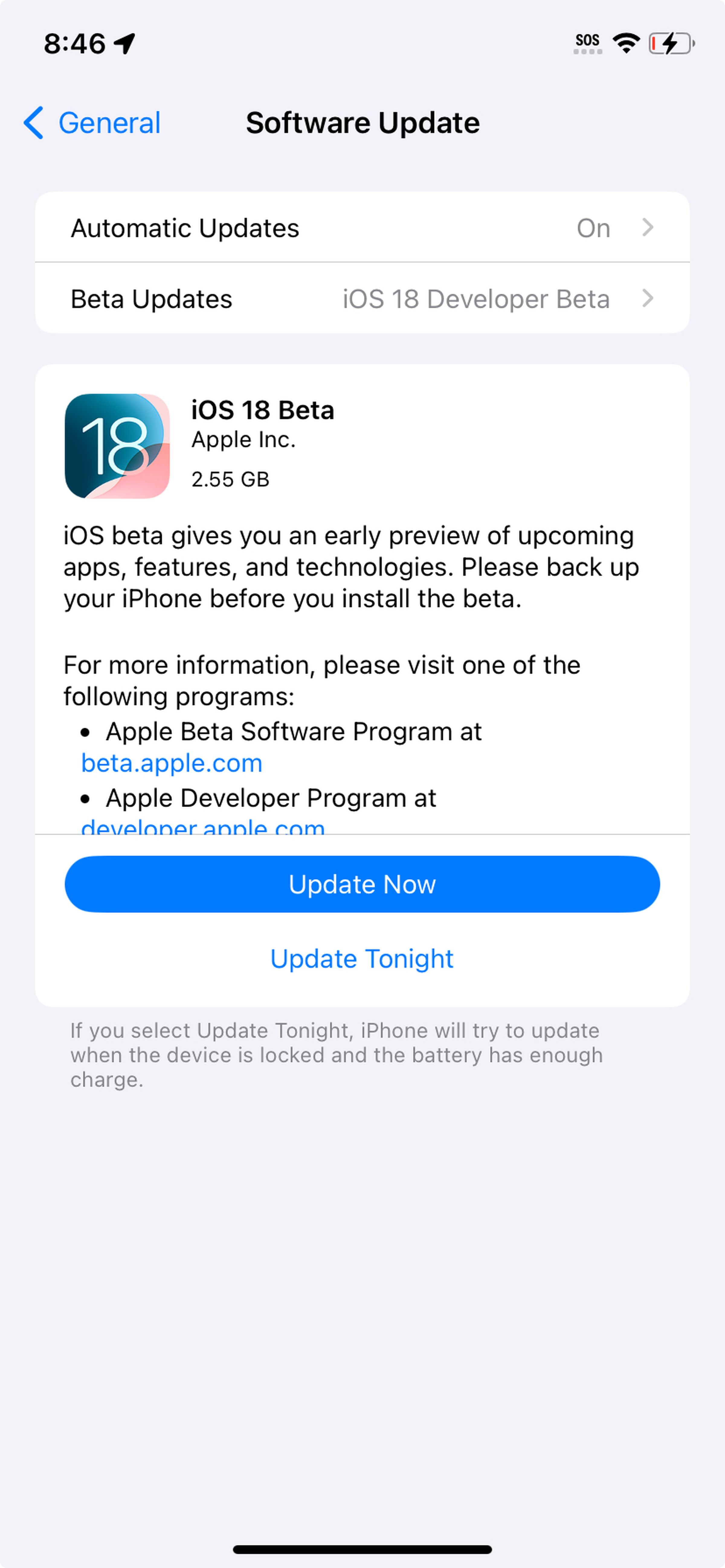 Software Update page with iOS 18 Beta on it.