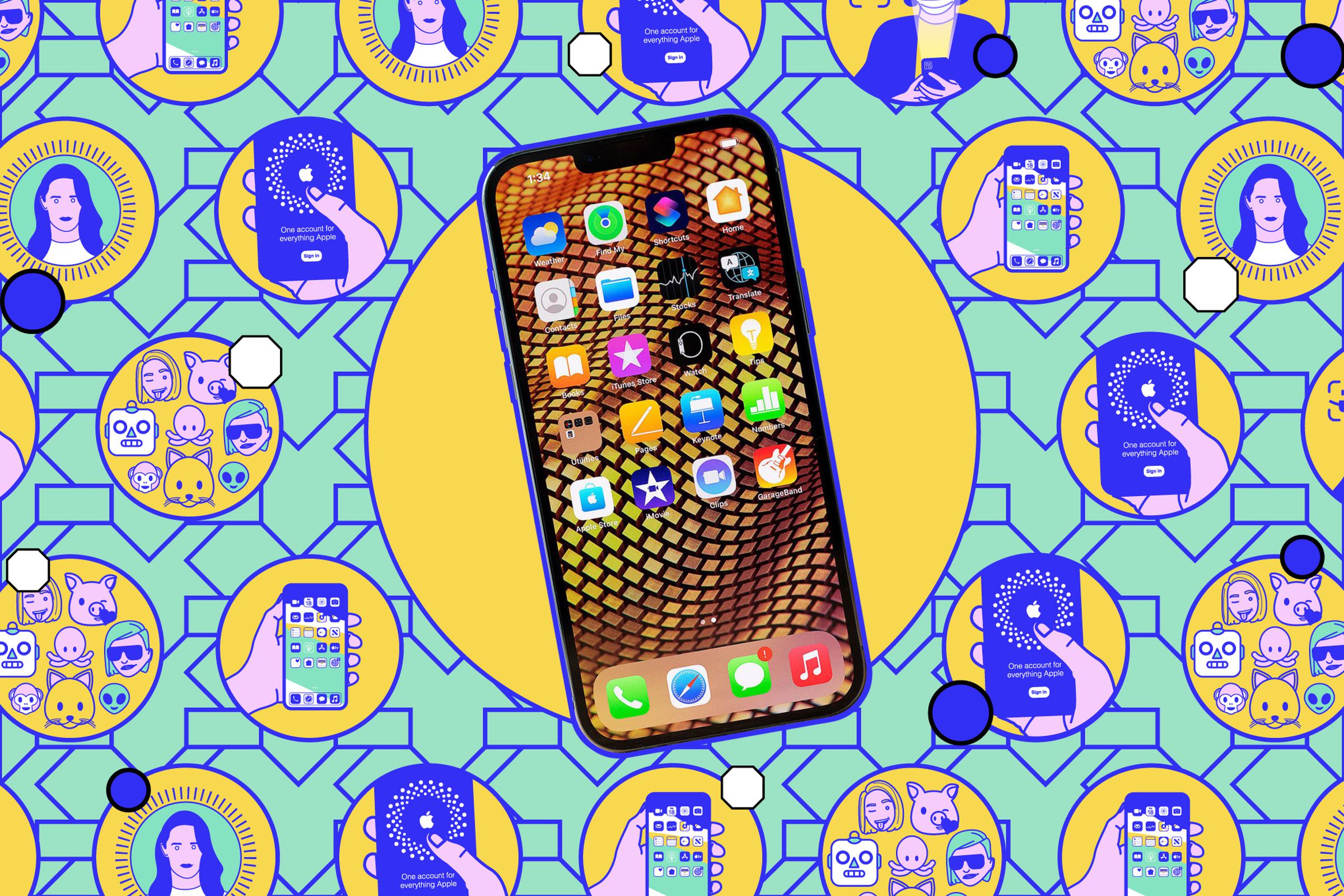 iPhone with icons and illustrated background