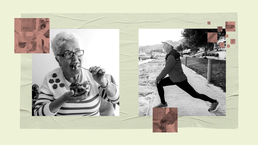 A montage of an older man stretching and an older woman eating