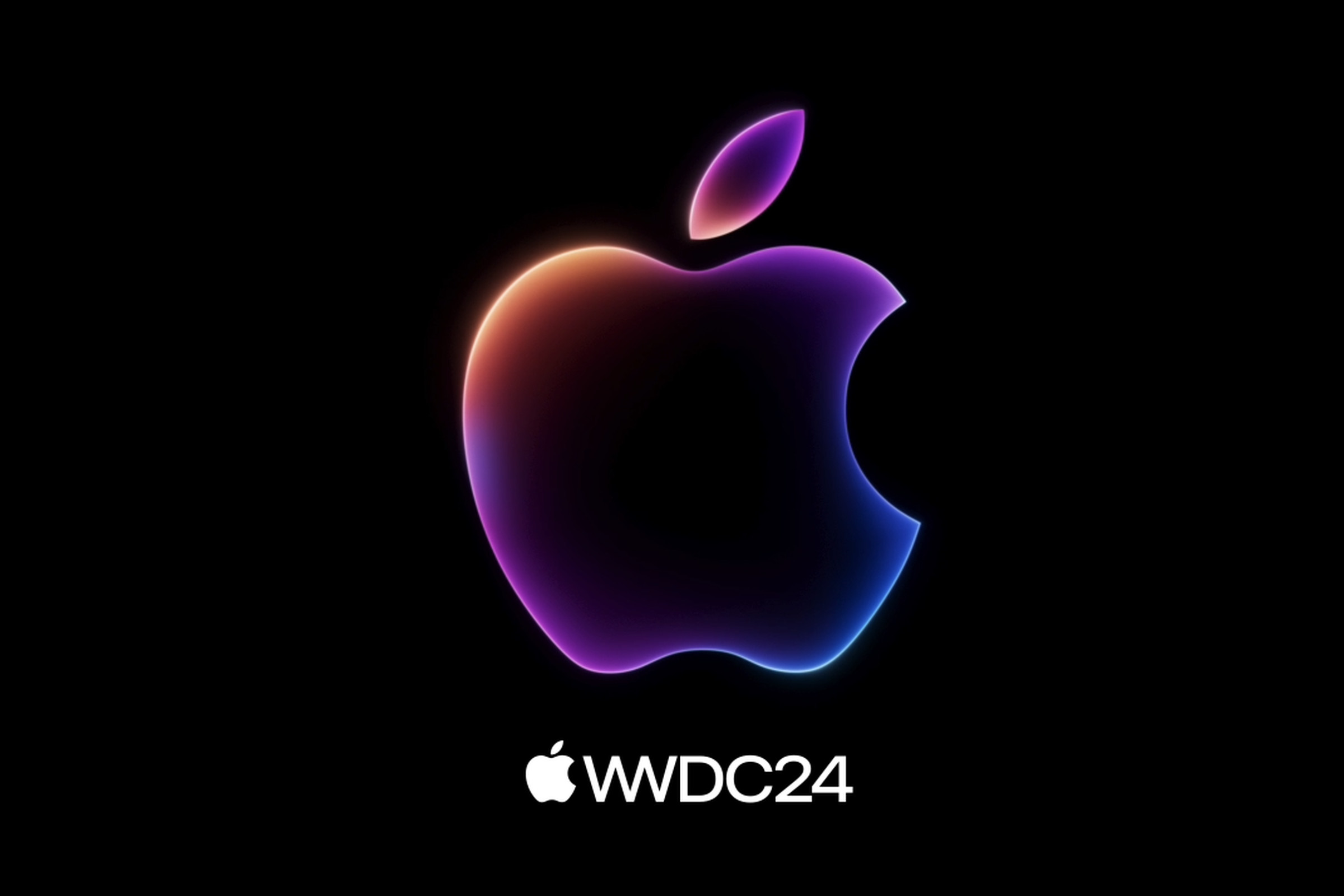 Colorful outline of the Apple logo with WWDC 24 in text below it. Black background.