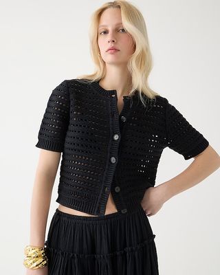 Short-Sleeve Pointelle Cardigan Sweater