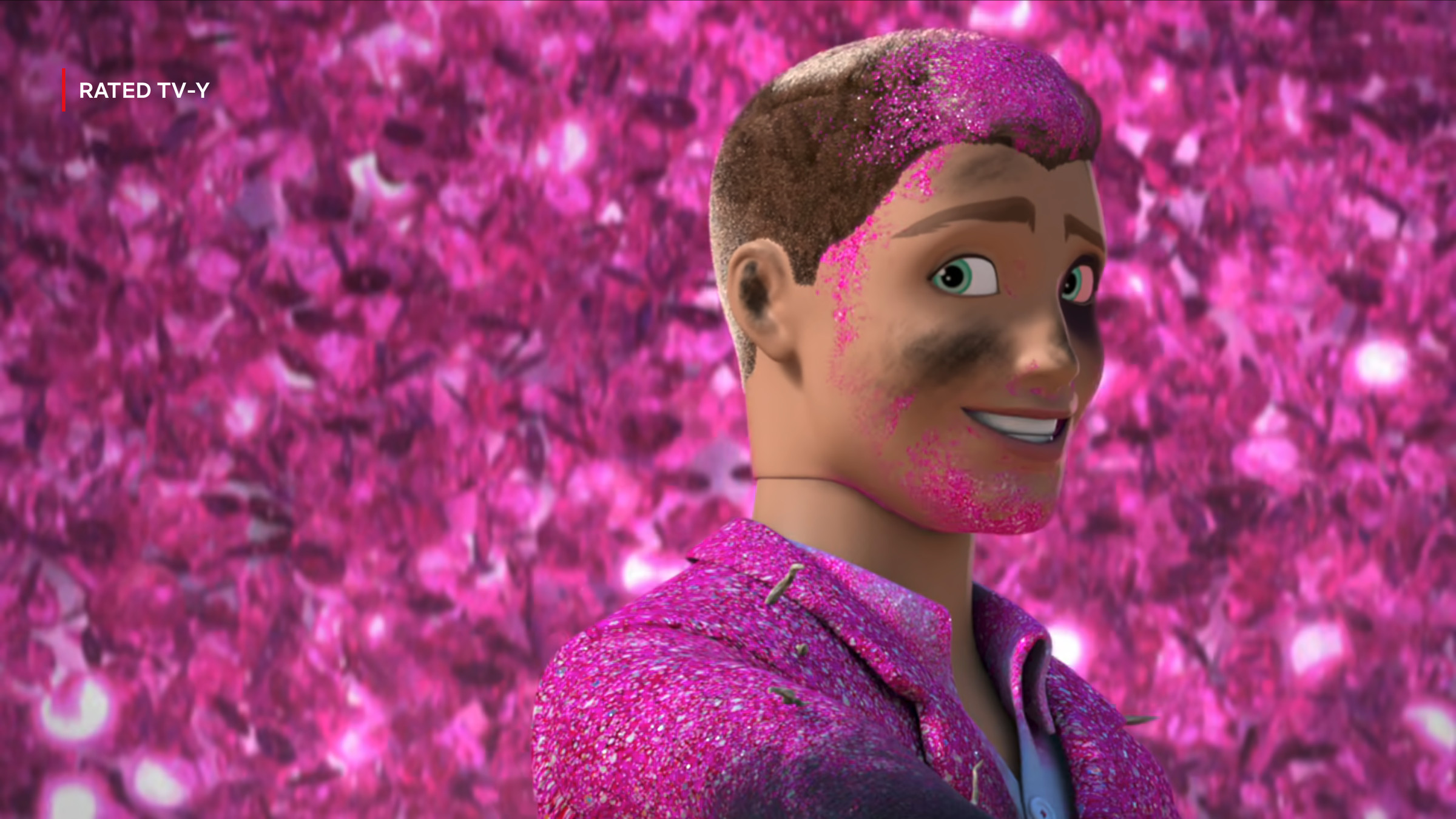 An image of a plastic animated figure, covered in glitter, standing in front of a waterfall of pink glitter.