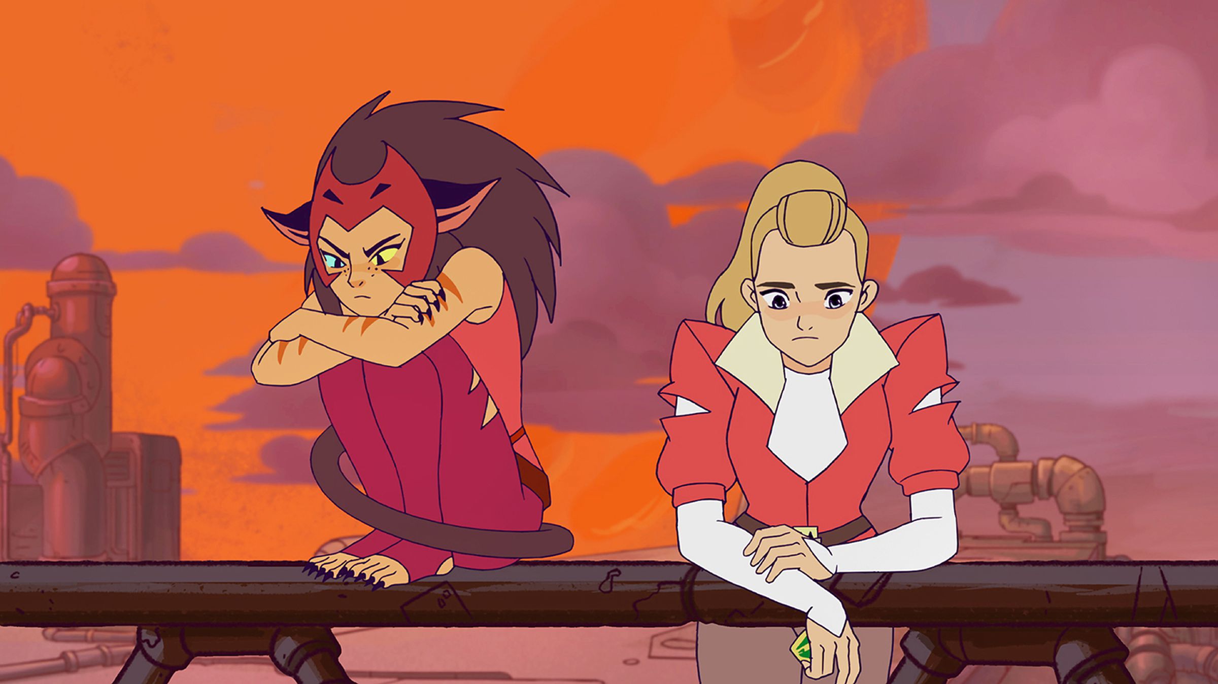 An image of Catra and Adore leaning on a pipe, their outfits are very simple due to animation, which means there can be less work for encoders.