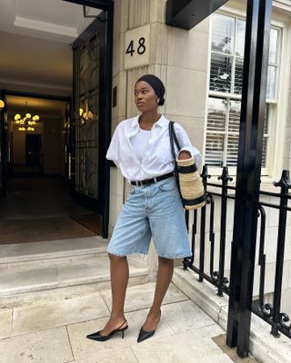 Influencer wears long shorts and slingbacks.