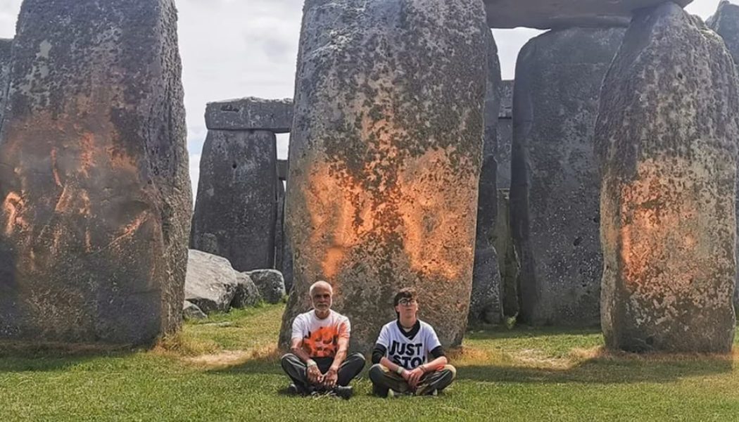 Just Stop Oil Activists Drench Stonehenge in Orange Powder Paint