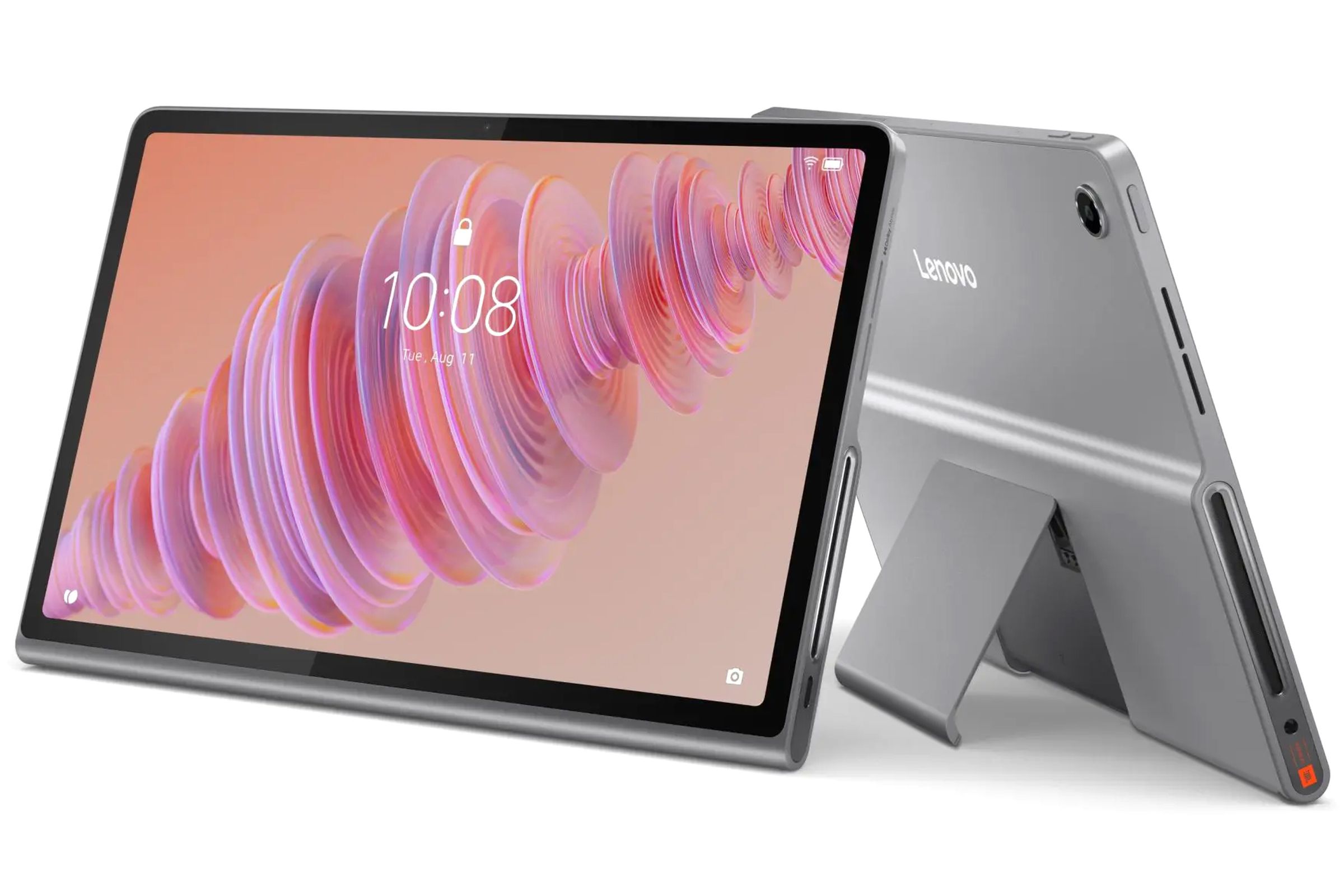 The Lenovo Tab Plus tablet seen from the front and back with the kickstand extended.