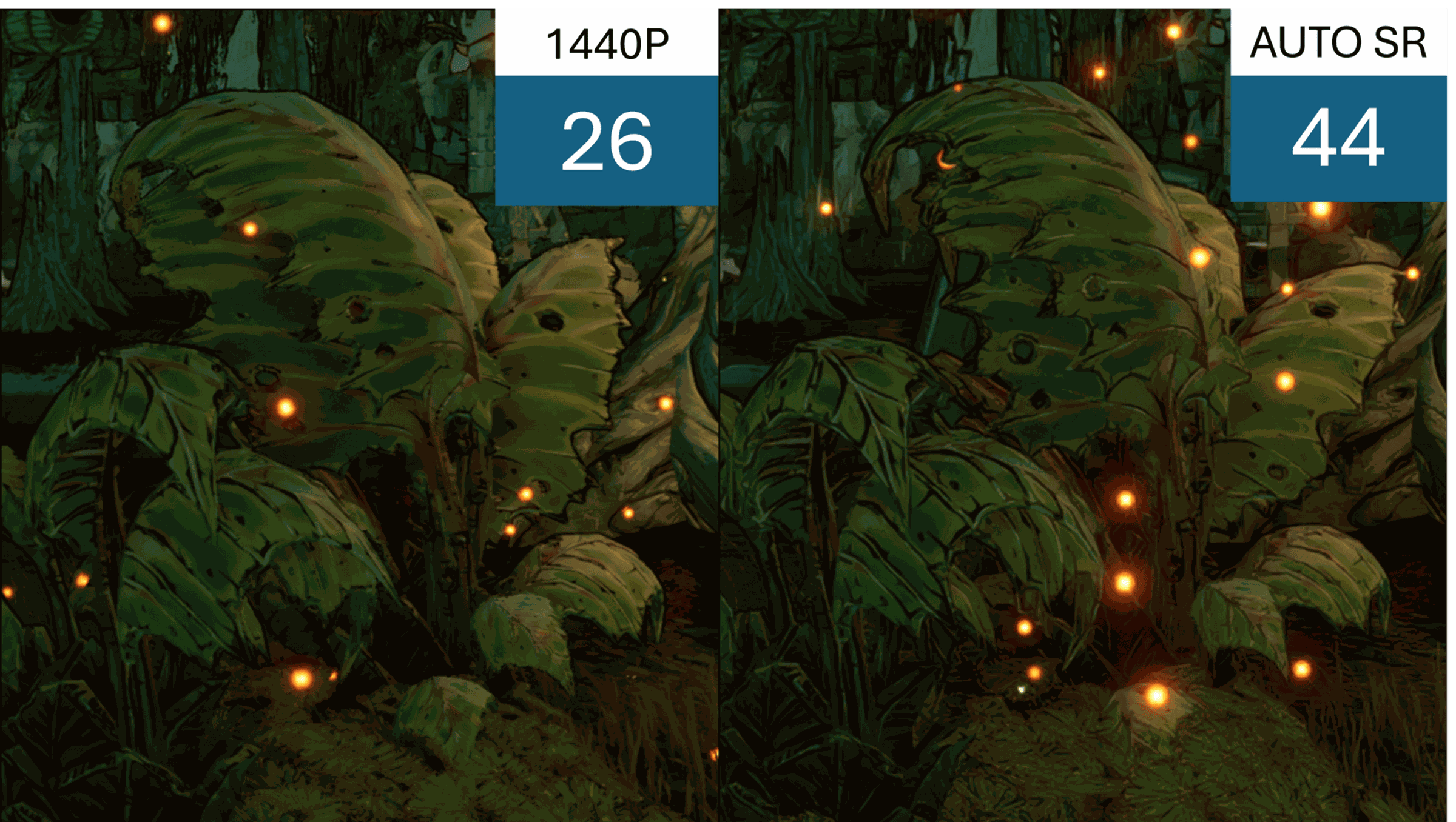 Microsoft’s example of Auto SR upscaling a game at 720p (right) and improving the frame rate.