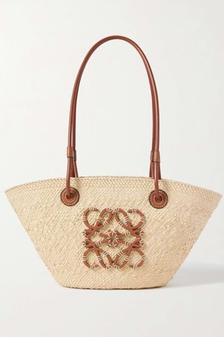 loewe + Paula's Ibiza Small Leather-Trimmed Woven Raffia Tote