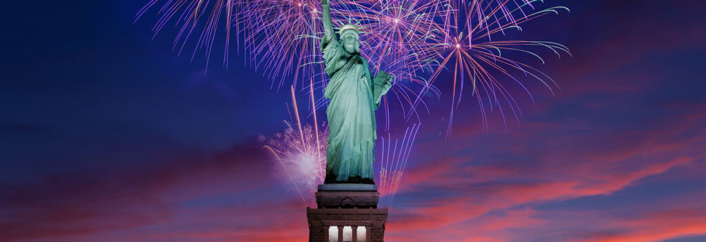 Statue of Liberty and July 4th fireworks