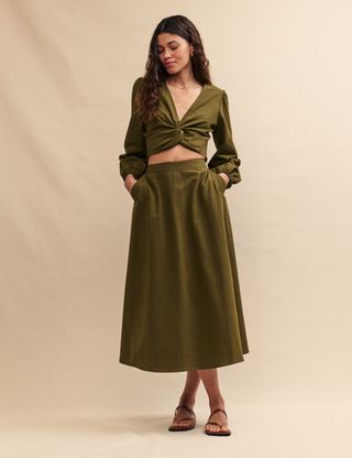 Khaki Linen-Blend a Line Midi Skirt