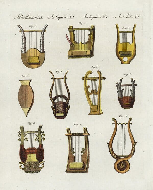 A 19th-century diagram showing different musical instruments, including harps and lyres.