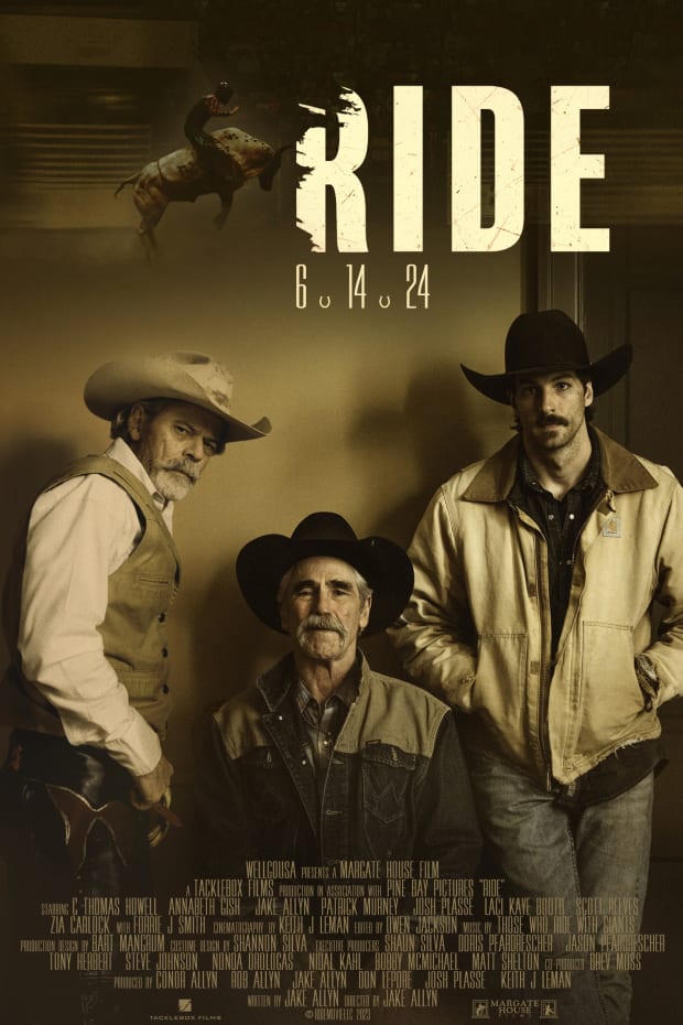 Movie trailer poster with three cowboys.