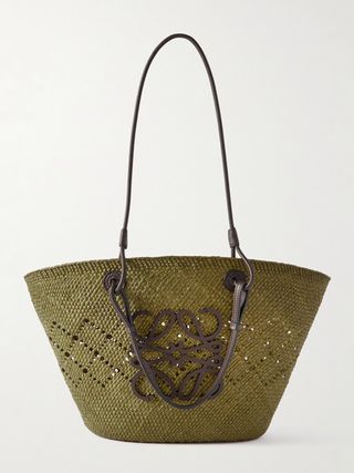 + Paula's Ibiza Anagram Medium Appliquéd Leather-Trimmed Perforated Raffia Tote