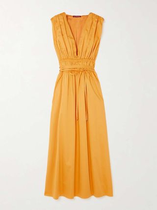 sleeveless midi dress in marigold yellow