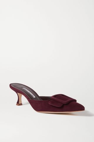 Buckled Suede Mules in Burgundy