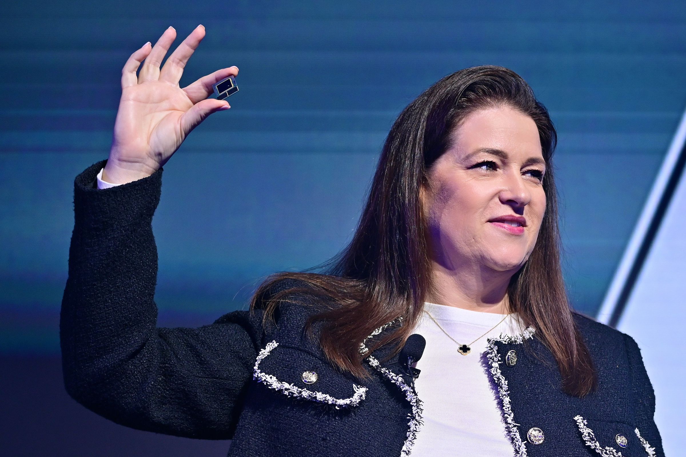 Intel’s Lunar Lake held aloft by Intel client chip boss Michelle Johnston Holthaus.