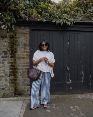 @chiarasatelier wearing stripe linen trousers from Boden