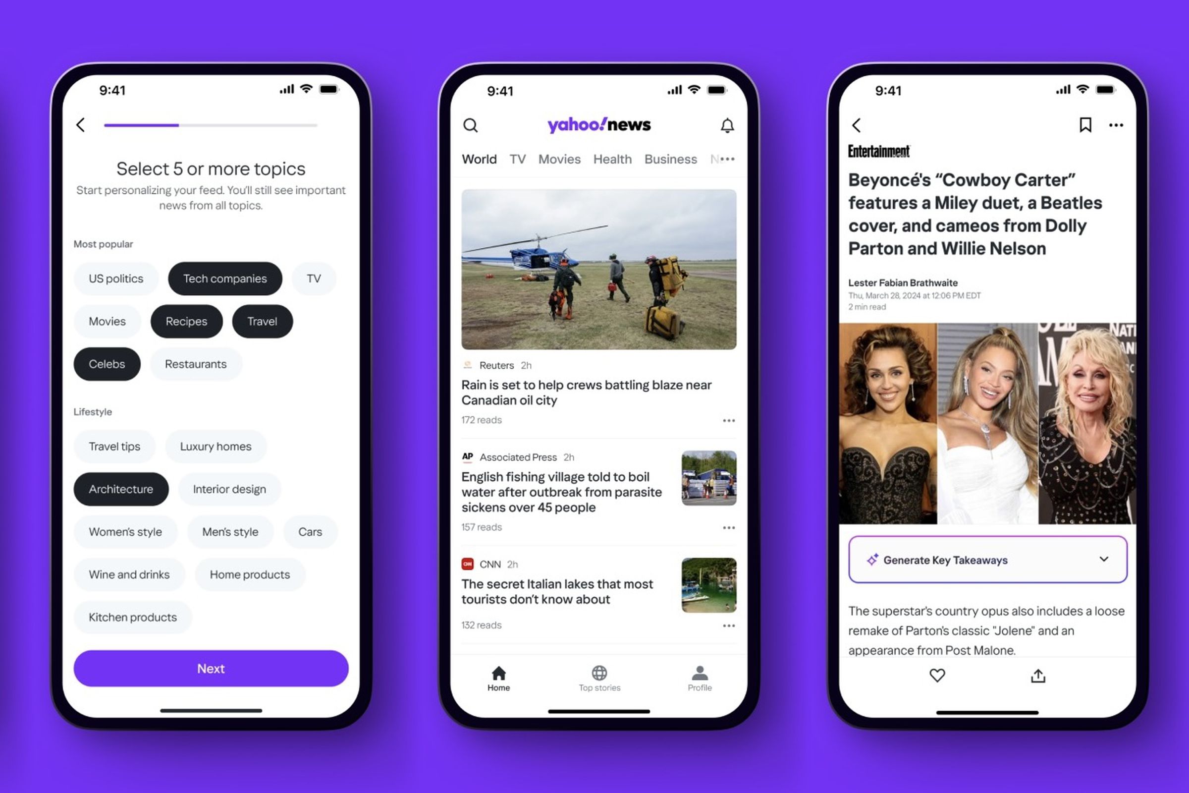 three screenshots of Yahoo News app, firs showing topics to personalize, then news feed, then a Beyonce story with a button to summarize it.