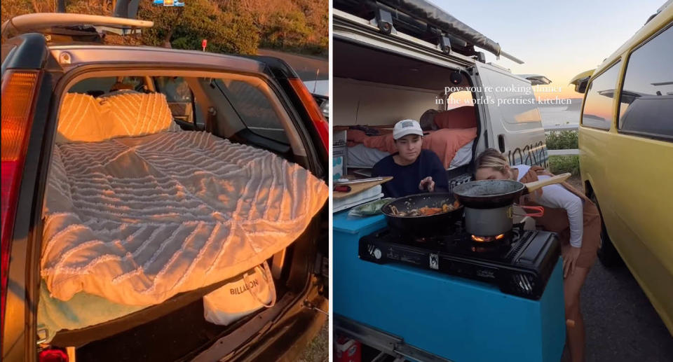 Left: mattress inside back of car by beach at sunset. Right: Two women cooking in campervan by beach. 