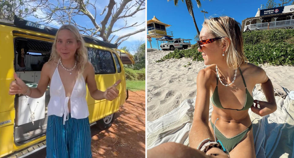 The 24-year-old traveller pictured with her van and on the beach. 