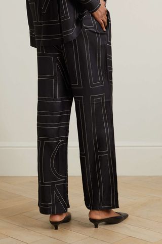 Embroidered Silk-Twill Wide-Leg Pants