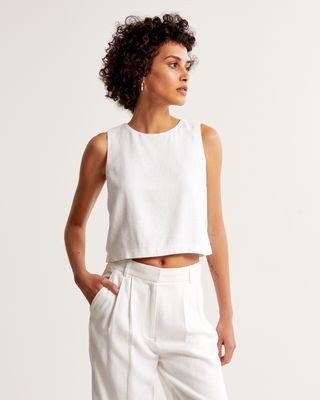 Linen-Blend High-Neck Set Top