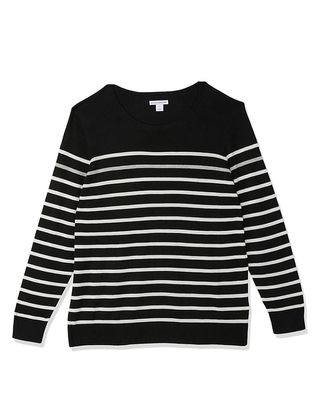 Amazon Essentials Women's Long-Sleeve Lightweight Crewneck Sweater (available in Plus Size), Black Grey White Stripe, Medium