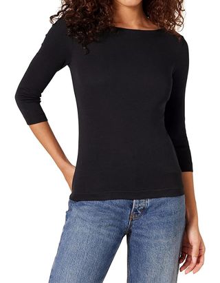 Amazon Essentials Women's Slim-Fit 3/4 Sleeve Solid Boat Neck T-Shirt, Black, Medium