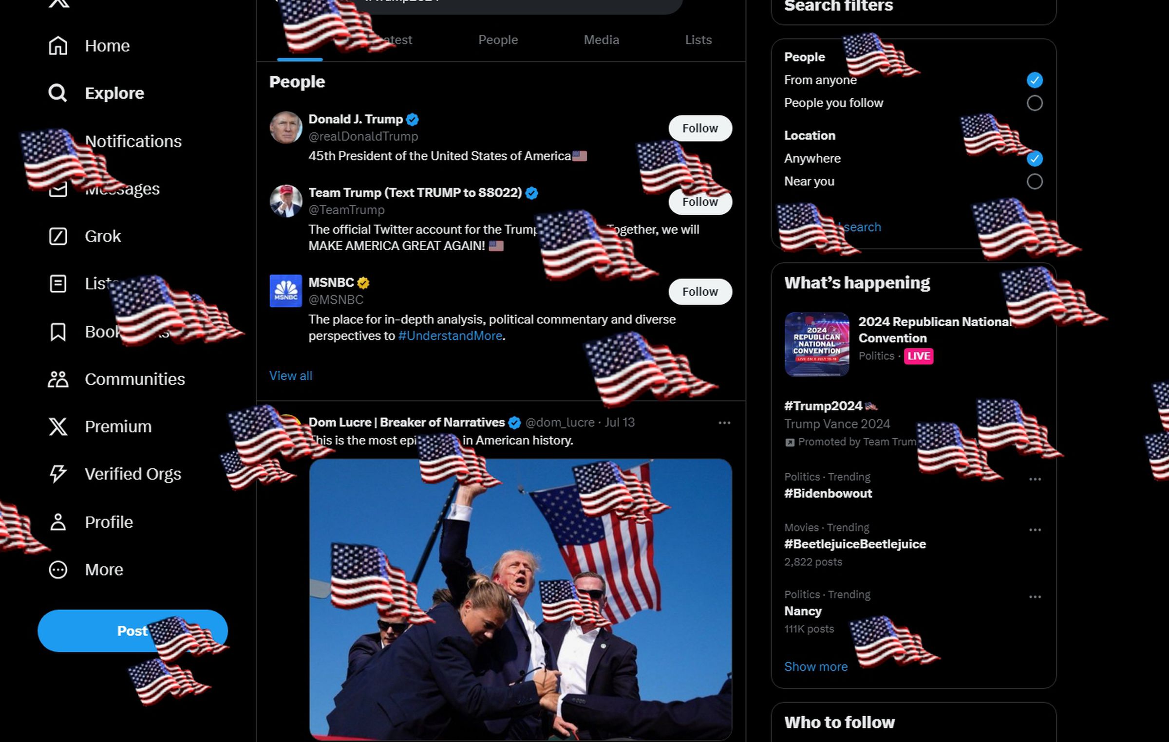 Screenshot of X / Twitter with cartoon American flag “hashfetti”