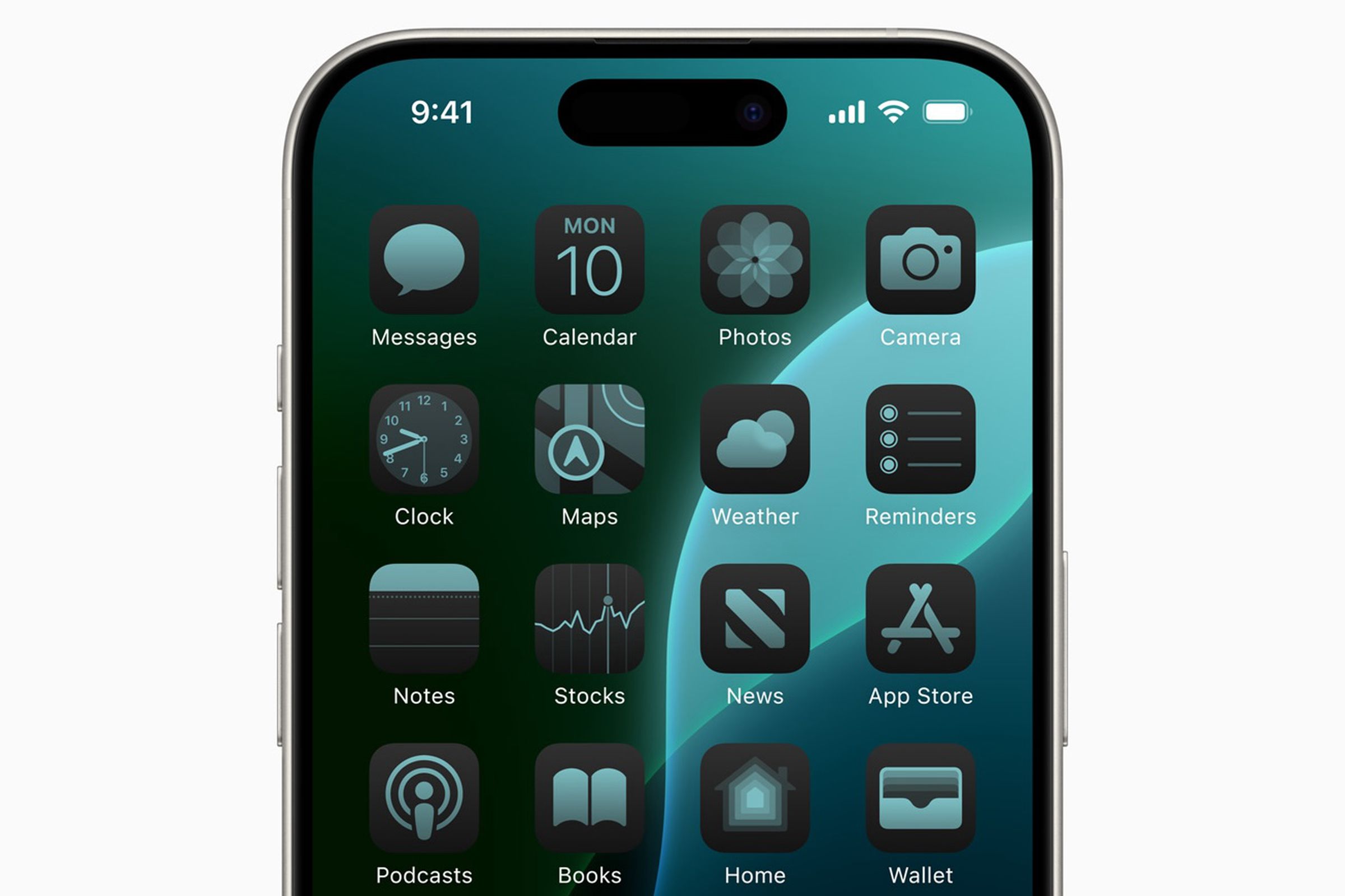 A photo of an iPhone with turquoise-tinted app icons.